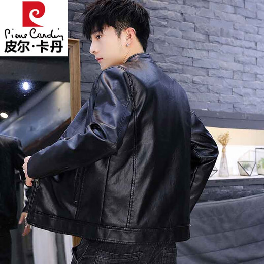 Pierre cardin spring and autumn leather jacket for men's small stand collar fashion trend leather jacket zipper short motorcycle suit leather jacket black 8961 small stand collar leather jacket regular 2XL [suitable for 140-155 Jin [Jin equals 0.5 kg]]