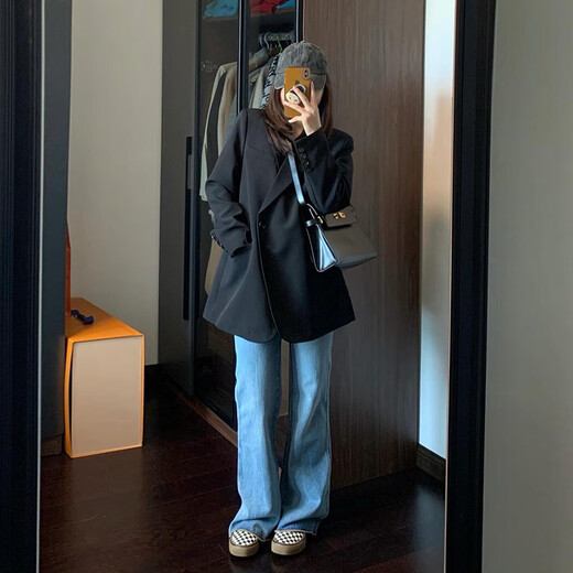 GARNUO black small suit jacket for women 2025 early spring and autumn new two-piece set small high-end casual suit black suit suit + pants L 121-130Jin Jin equals 0.5 kg