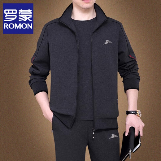 ROMON Sports Suit Men's Spring and Autumn Dad Casual Sweatshirt Men's Three-piece Suit Middle-aged and Elderly Large Size Loose Sportswear 8923 Black + Long T-shirt + Straight Pants Three-piece Suit