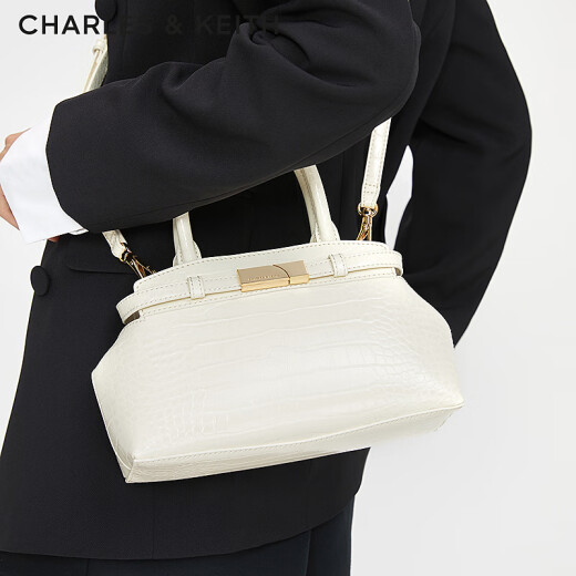 CHARLES/KEITH Fashion Crocodile Pattern Handheld Kelly Bag Women's Bag Birthday Gift CK2-30782470-1 CK2-30782470-1 Milk White Medium Bag
