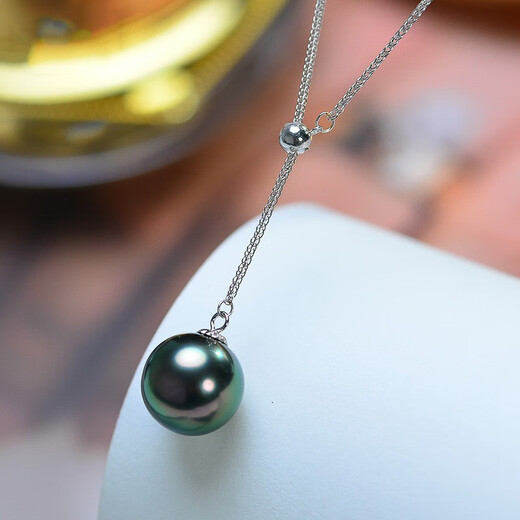 WEIYAN Tahitian black pearl pendant, adjustable Y-shaped necklace, round peacock green pearl clavicle chain, gift for wife, 18K gold chain (45cm adjustable length) 9-10mm