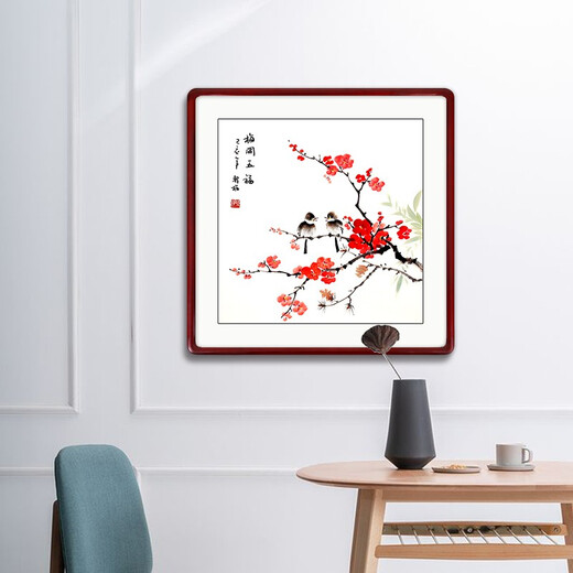 Yantang authentic hand-painted living room decorative painting three-part flower and bird hanging painting bedroom bedside ink painting restaurant decorative mural Meikaiwufu - solid wood frame + plexiglass walnut color right angle - 65*65 cm