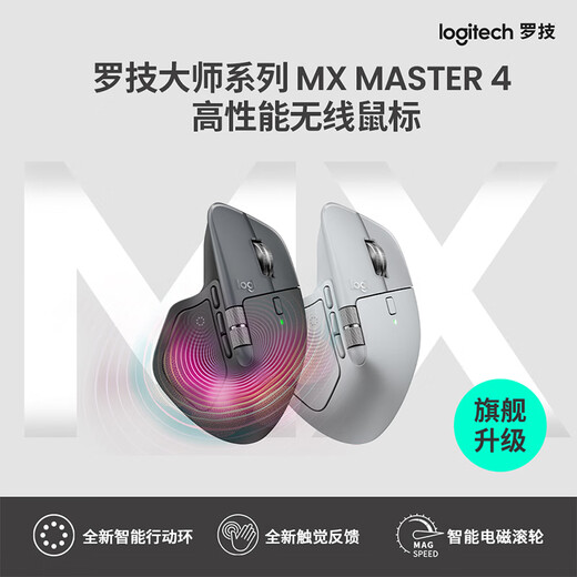 Logitech Master Series MX Master 4 Souris Bluetooth sans fil haute performance Souris de bureau Souris silencieuse améliorée Gris clair avec récepteur sans fil