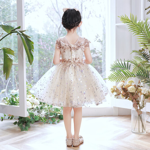 
Little Kayi thick flower girl princess skirt children's high-end evening dress fashionable little girl birthday puffy girl host performance costume 1591 champagne color sleeveless short 120cm