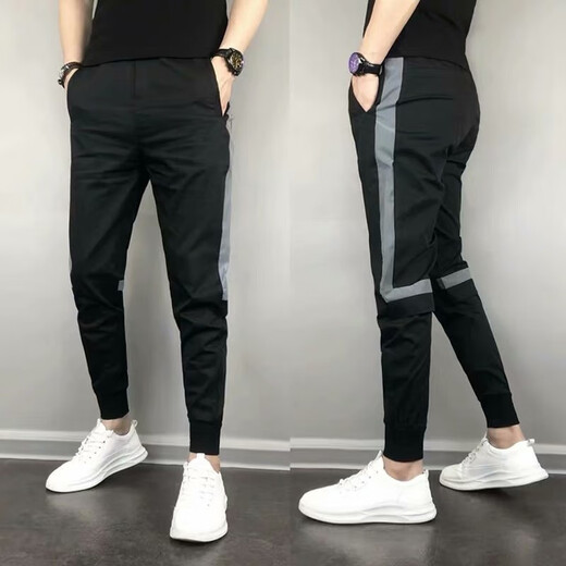 斐帝森束脚裤子男士夏季薄款潮流小脚休闲九分裤男生弹力修身哈伦收脚裤 黑色（夏季薄款） 28 （90-100斤）