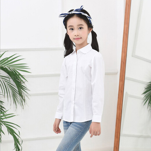 Jiuyu's children's shirt girls pure cotton white shirt casual white long-sleeved shirt student solid color top solid color 150 (suitable for 141-150cm height)