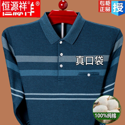 恒源祥男装春秋季中老年纯棉长袖T恤男翻领爸爸装真口袋宽松打底衫上衣 HJ-9902兰色长袖 165-M【95-120斤】