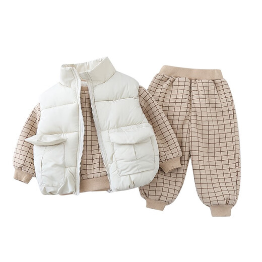 Three-piece set Leba Mouse children's clothing children's suit sweatshirt plus velvet winter clothing new style fashionable boy baby clothes 1-6 years old infants and girls thickened vest cotton pants trendy khaki color (vest + sweatshirt + pants) 90 size recommended 1-2 years old (height 80-90cm)