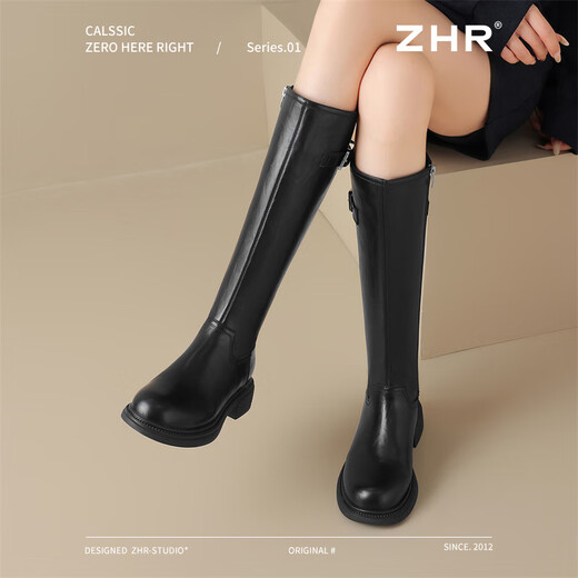 ZHR long boots for women, fashionable pleated knight boots, women's winter velvet tall thick-soled women's boots BL323A black 37