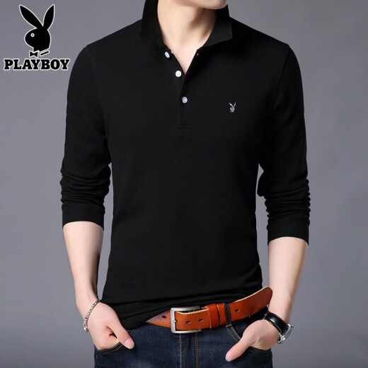Playboy long-sleeved T-shirt men's pure cotton lapel solid color plus velvet thickened warm T-shirt 2020 autumn and winter new men's navy blue 175/XL