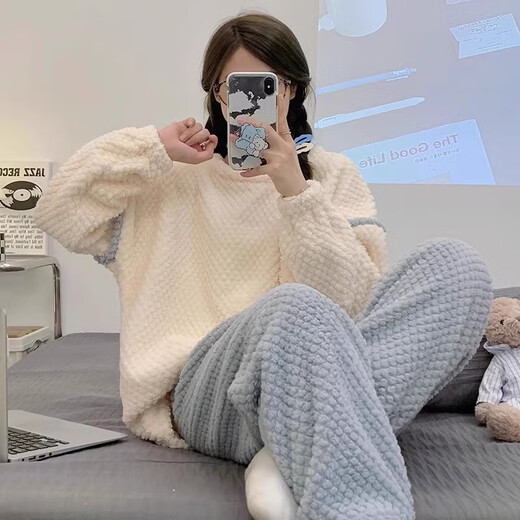 GTYUWVG睡衣冬季女款珊瑚绒加厚加绒长袖可爱宽松法兰绒家居服套装可外穿 12401# M  75-100斤