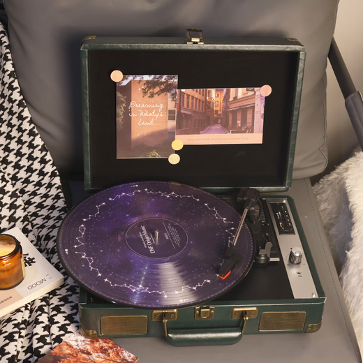 MZELI KING Retro Vinyl Record Player Bluetooth Audio Music Artifact Record Player Birthday Housewarming Wedding Gift Chinese Valentine's Day Gift Can Write Greeting Cards New Generation Dark Night Black
