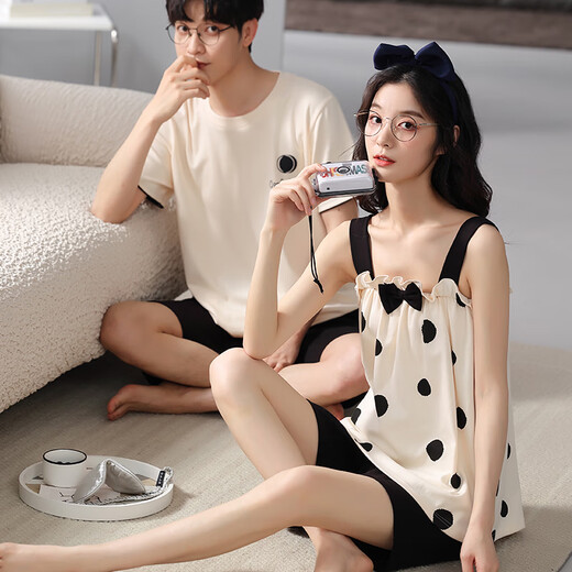 
Delia couple pajamas men summer pure cotton short-sleeved thin casual suspender pajamas women's home clothes spring and summer two-piece suit Q9903 M women + L men
