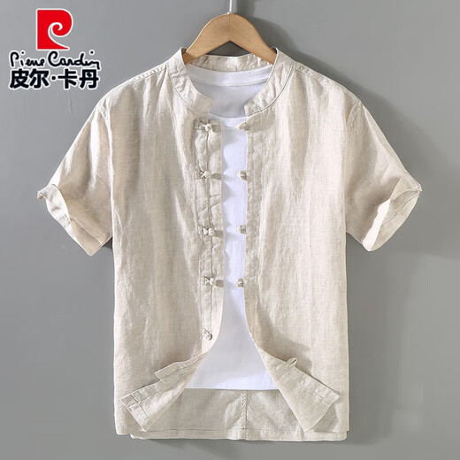 Pier Cardin Retro chinesischer Stil Sommer-Leinen Top Tang Anzug Herren-Standkragen dünne kurzärmelige Baumwoll-Leinenhemd Chinesisches Button-Up-Shirt 1047 Original Hanffarbe xxxl