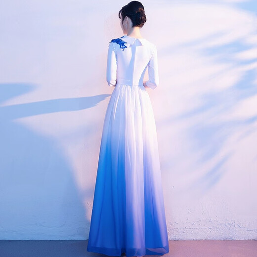 Li Baixin's new large choir performance clothing, women's long skirt, adult host conductor dress, atmospheric red song recitation competition clothing, blue 3XL, recommended 130-135Jin Jin is equal to 0.5 kg