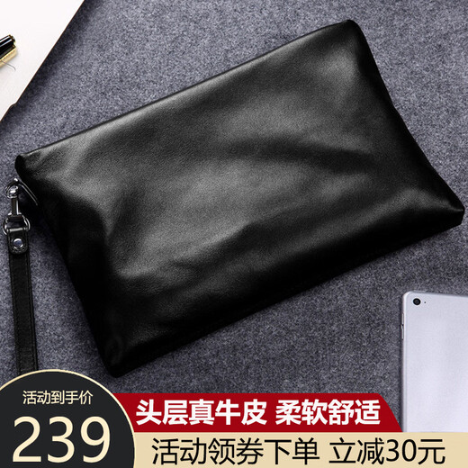 South Young Herren Handtasche echte Leder -Herrenbeutel große Kapazität Kupplung Handtasche Doppel Clip -Tasche Business Casual Mode Umschlagbeutel Schwarz klein
