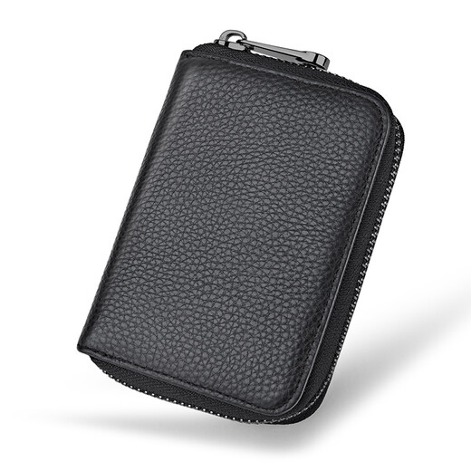 Genuine pickup bag for men, anti-theft brush, multiple card slots, zipper, thin, compact, credit document card bag, large capacity, female card holder, anti-degaussing, mirror window style, black, first-layer cowhide