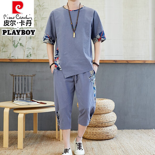 皮尔卡丹（pierre cardin）夏季棉麻短袖T恤男士中国风盘扣拼接大码套装复古七分裤两件针织 白色687【七分裤套装】 XL