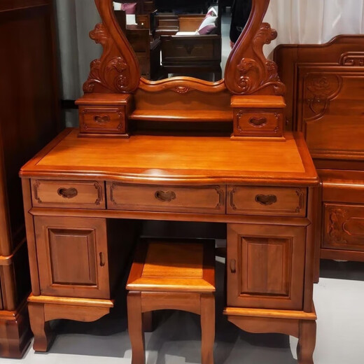Yuewen Guangdong Foshan Indonesian rosewood all solid wood dressing table with stool Ming and Qing classical carving master bedroom dressing table other models solid wood dressing table + stool*1
