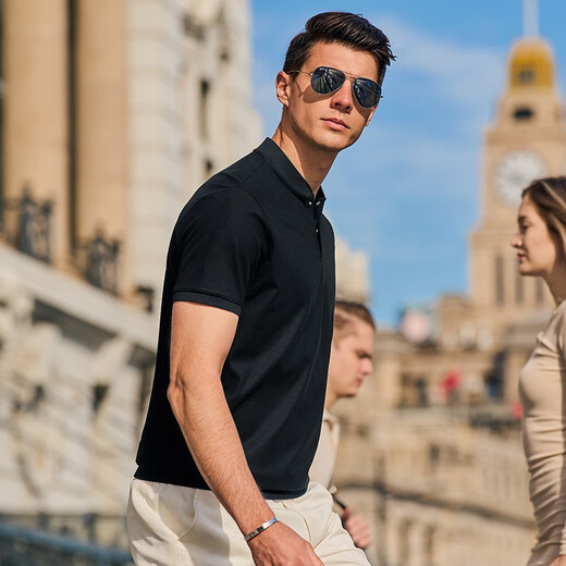 Mr. Cloth Fashion Stand Collar Pure Cotton Men's T-shirt Spring and Summer New Slim Black Short Sleeve Business Casual AT12023 Black 2XL (185)