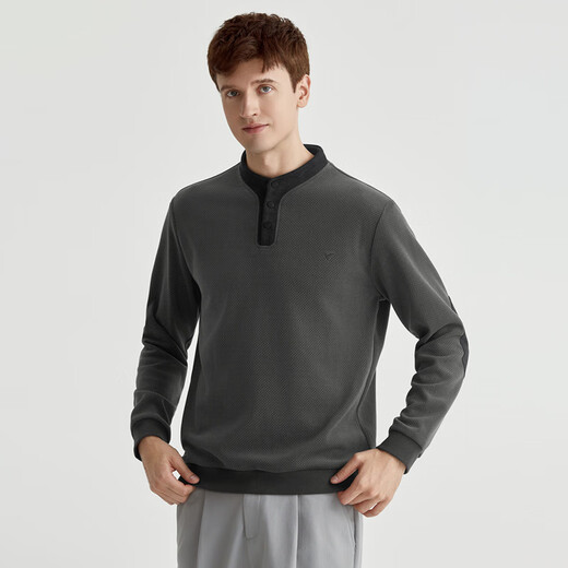 Qianzhihe Spring and Autumn New Men's Henry Collar Contrast Color Brand Embroidered Sweater Loose Casual Bottoming Shirt Autumn Top Men 06C Dark Gray L