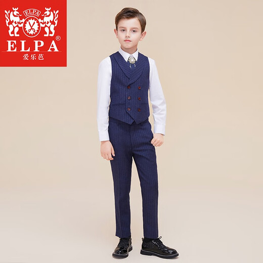 Elpa Boy Anzug Anzug Blumenkleid Kleid Kinderanzug Zhongda Kinder Gastgeber Show Piano Performance Anzug Blau gestreiftes 4-teiliges Set: Weste + Hosen + Hemdkragen Blume 130 Größen Größe 120-130 cm Gewicht 46-50jin [Jin gleich 0,5 kg]