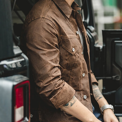 Madden Workwear American Retro Heavyweight Canvas Oil Wax Jacket Men's Ami Khaki Slim Fit Top Tough Guy Men's Jacket Autumn Apricot Brown (cannot be washed) Jacket Men's High-end Handsome 2XL