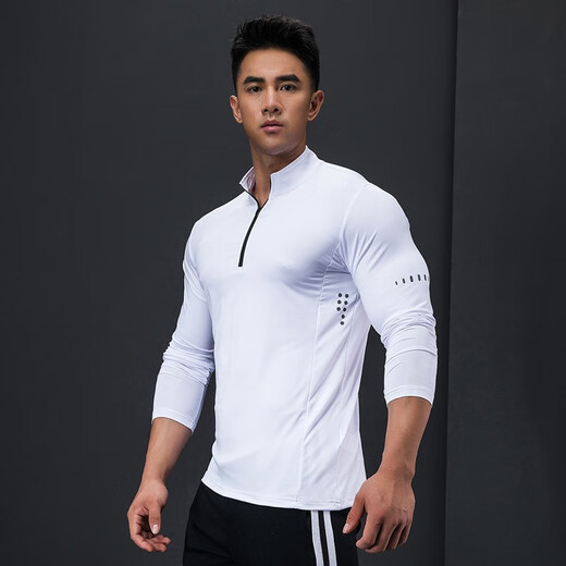 Lutie Dog Fitness Clothing Quick-drying Clothes Men's Autumn and Winter Long-Sleeved Stretch Breathable Sweat-Absorbent Sports and Casual T-Shirts Stand Collar Bottoming Fitness Clothes White XXL/180-185