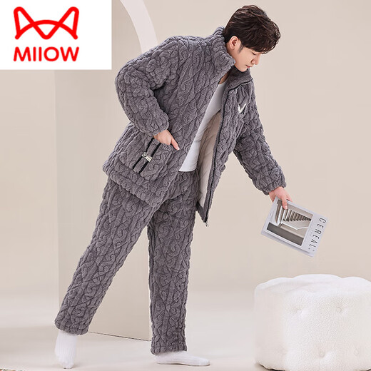 Catman (Miiow) Новые мужчины осень и зимняя трехслойная хлопчатобумажная пижама Коралловый бархат плюс бархатная утолщенная фланелевая домашняя одежда зимнее костюм темно-коричневый m6627 3 слоя x l [95-120Jin [jin равняется 0,5 кг]] три слоя + Толст