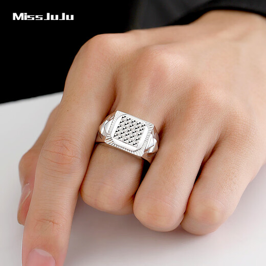 Miss JuJu platinum wide face thick ring for men PT950 white gold rhombus face shiny car flower ring live adjustable weight 16.10 grams