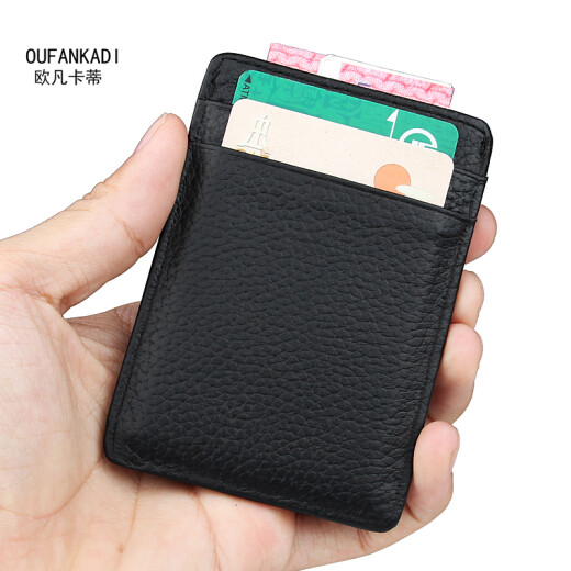 Ofankati Bolsa de tarjeta pequeña ultra delgada para la tarjeta de cuero genuino de los hombres clip para tarjeta de mujer Conjunto de tarjetas de negocios Bolso de identificación Bolso de la tarjeta de almacenamiento Bolsa Negro