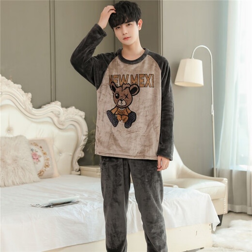 Pyjama masculin pour hommes en automne et flanelle d'hiver épais chauds d'âge moyen et jeunes étudiants dessin animé coues rond vêtements de maison d'hiver wyex3882 pour hommes en L (recommandé 90-115 Jin [Jin est égal à 0,5 kg])