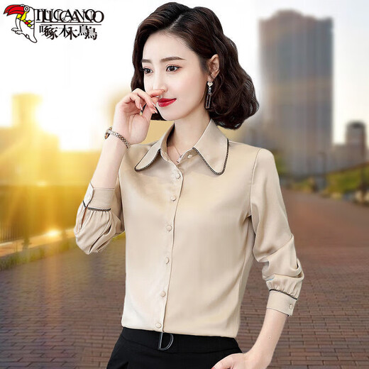 Woodpecker shirt women's shirt women's 2025 long-sleeved spring clothes new chiffon shirt top temperament versatile and fashionable base shirt fashion CZP_5012_Apricot color-40# M _(Suggested 95-105Jin[Jin equals 0.5 kg])