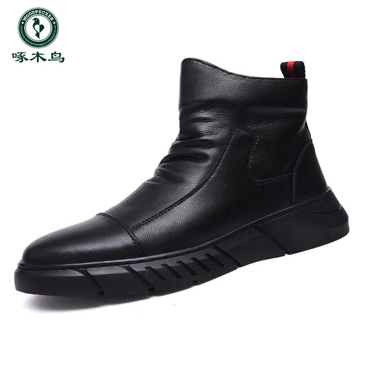 Woodpecker leather shoes men's 2025 new soft sole soft leather Martin boots men's casual men's trendy leather boots genuine leather high top men's shoes black four seasons 41