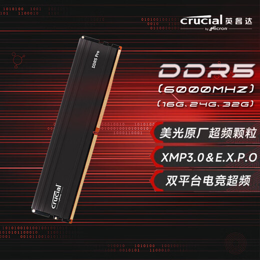 Crucial E-Sports DDR5 PC5 Desktop Computer Gaming Overclocking Memory Bar Cooling Vest Bar Micron Overclocking Particles Pro Series DDR5 6000 32GB 2 (16Gx2) Dual Channel Easy Overclocking