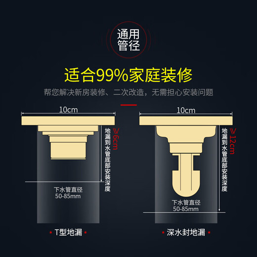 金色防臭加厚浴室淋浴房地漏方形大排量长条型条形卫生间10CM 金色6624 深水封 双用款
