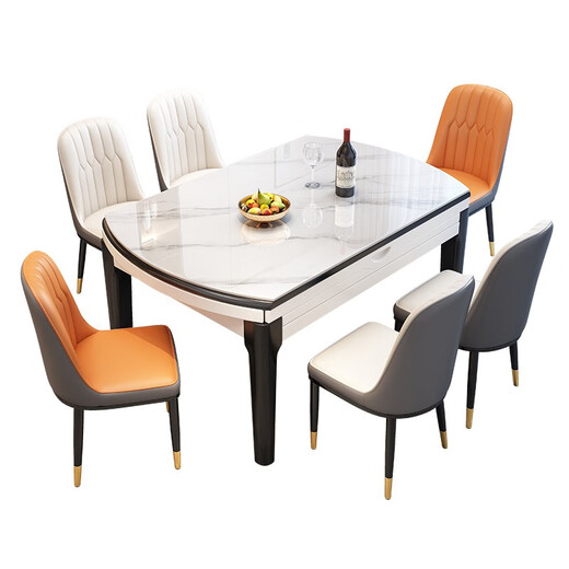 Orix glossy slate dining table and chair combination, modern and simple solid wood dining table, retractable and folding round table, dining table, glossy snow mountain white - black and white frame, light luxury leather chair style, 1.35 meters, one table and six chairs, 12MM thickened slate