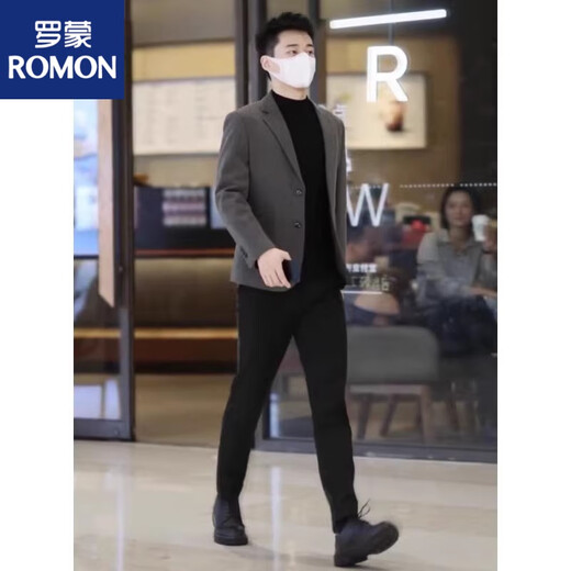 ROMON thickened starry sky woolen suit, winter trendy Korean style men's woolen suit, slim jacket, two-button suit, dark gray suit + black sweater + woolen trousers 3 XL
