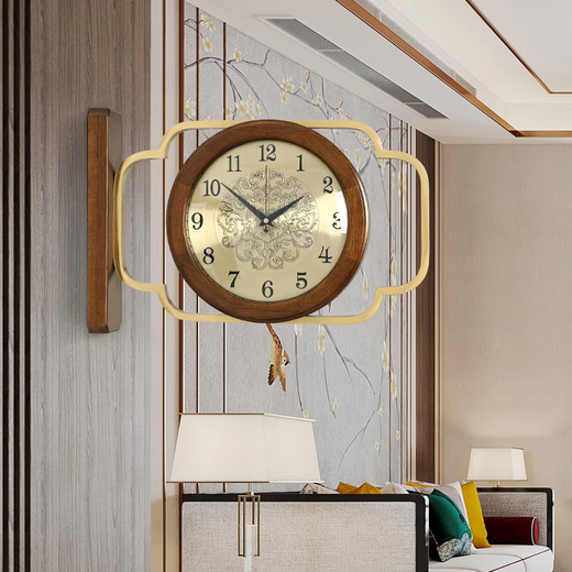 Moyang doppelseitige Wanduhr Zweiseitige Uhr Home Wohnzimmer Amerikanisches Solid Wood Restaurant Hanging Watch Moderne einfache Uhr Hängende Wand 9196 Walnuss-Double-Seite Viewing