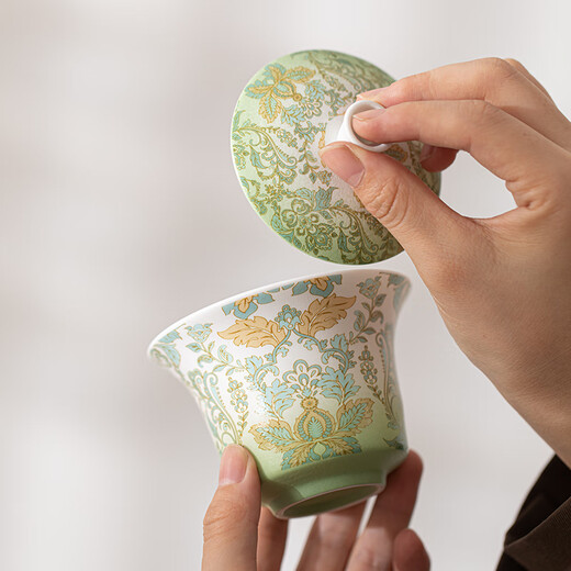 SUSHI CERAMICS Suet-fat Jade Hovering Horseshoe Three-Cai Covered Bowl Simple European Damascus Pattern Gift Box Souvenir Holiday Gift J1067