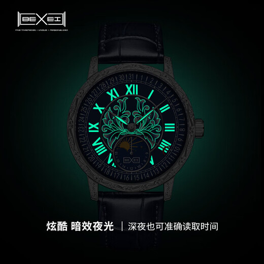 BEXEI彼赛十大名表品牌手表男士全自动机械表防水夜光腕表男友爸爸礼物 黑皮银壳黑面-9215