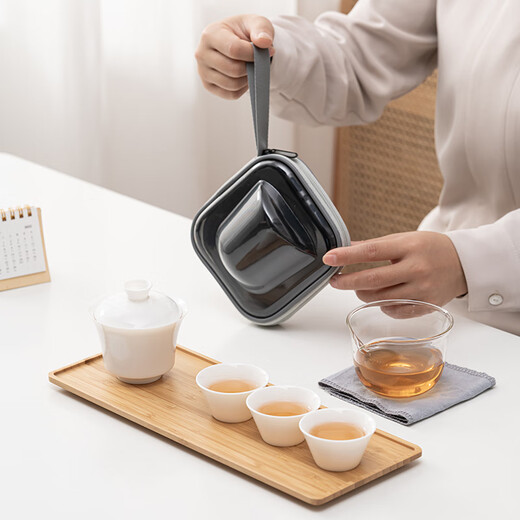 Su's Ceramic Travel Tea Set Chinese White Mutton Fat Jade Convenient Tea Set Quick Cup Set