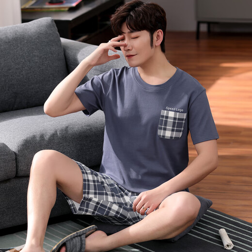 曼之伴睡衣男夏季棉质短袖短裤青年学生家居服宽松大码薄款中年男士套装 HD9928 XL(建议125-145斤)