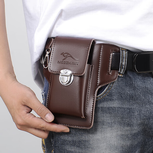 Kangaroo leather mobile phone bag for men, first-layer cowhide shoulder bag, multi-functional belt waist bag, construction site work bag, brown large size without strap, mobile phone with screen below 7 inches