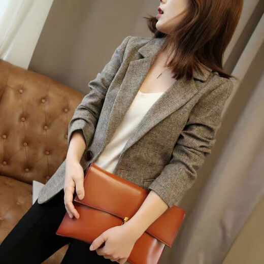 Clotho Rennie brand women's plaid blazer women's 2025 spring and autumn new style retro British style slim slim small suit coffee color 2XL