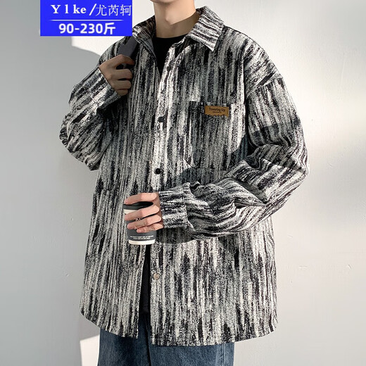 尤芮轲肥仔230斤大码抖音秋季大码复古扎染印花工装夹克男休闲帅气外套 A001-J683黑色加绒 3XL(适合180-190斤)