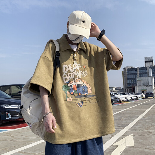 Shelley Jones美式polo衫男夏季重磅欧美高街ins潮流潮牌宽松青少年学生上衣服 橄榄绿 XL