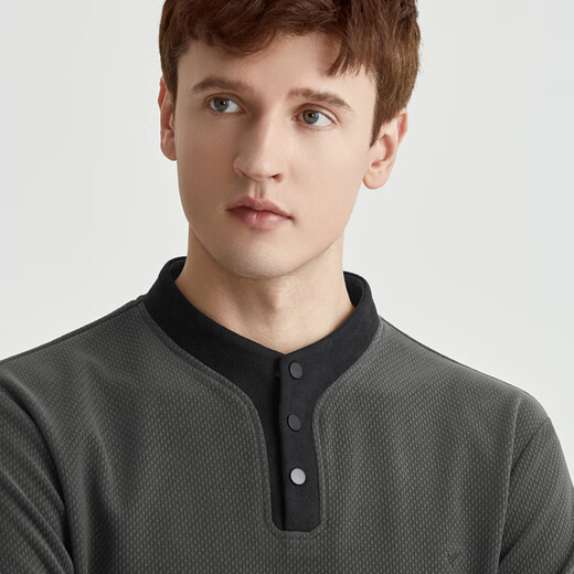 Qianzhihe Spring and Autumn New Men's Henry Collar Contrast Color Brand Embroidered Sweater Loose Casual Bottoming Shirt Autumn Top Men 06C Dark Gray L