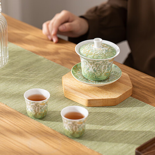 SUSHI CERAMICS Suet-fat Jade Hovering Horseshoe Three-Cai Covered Bowl Simple European Damascus Pattern Gift Box Souvenir Holiday Gift J1067