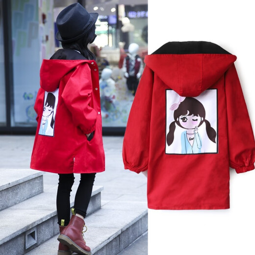 [Double-Sided] Children's Clothing Women's Spring Autumn and Winter Clothing Girls' Jackets Spring and Autumn Children's Tops Korean Style Girls' Clothes Mid-Length Casual Windbreaker Red and Black Size 140 Recommended Height 135CM